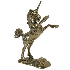 Brass Rearing Unicorn Mythical Figurine Mounted On Brass Cloud MCM 1970s Vintage